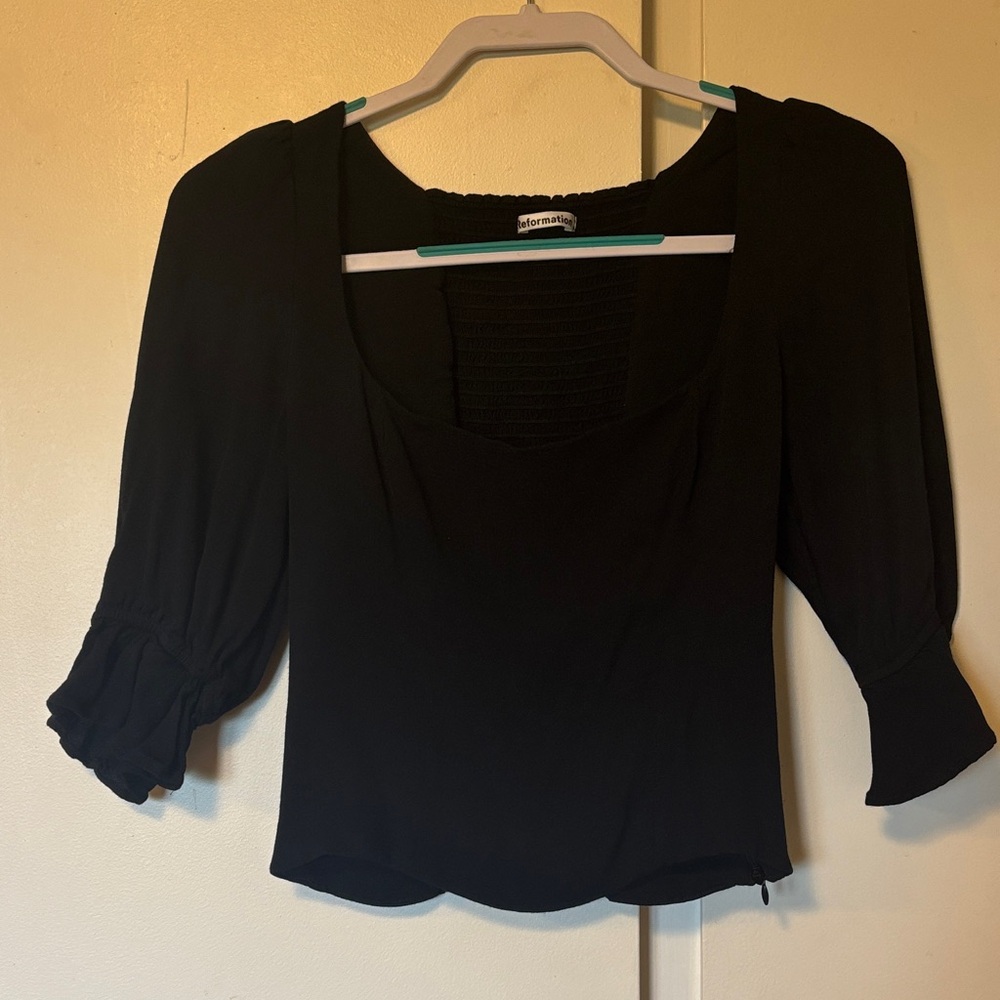 Reformation Ana Black Square Neck top with Puff Sleeves